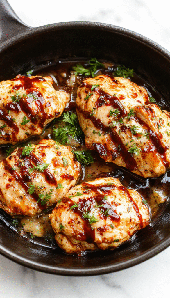 Colorful plated dish featuring juicy balsamic chicken breasts garnished with fresh herbs, caramelized edges, served alongside roasted vegetables on a white plate, with glossy balsamic glaze drizzled over for a savory look.