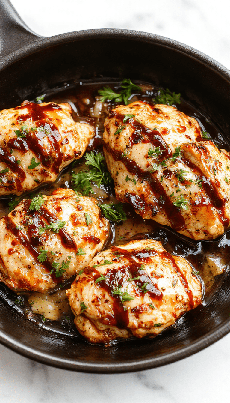 Colorful plated dish featuring juicy balsamic chicken breasts garnished with fresh herbs, caramelized edges, served alongside roasted vegetables on a white plate, with glossy balsamic glaze drizzled over for a savory look.