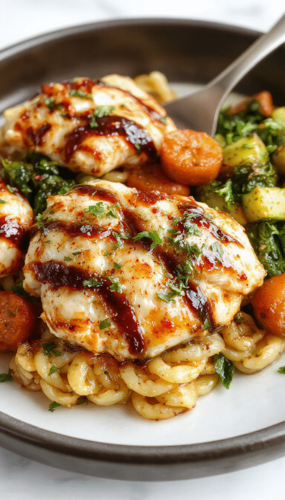 Colorful plate of balsamic chicken orzo with vibrant roasted vegetables, garnished with fresh herbs, served on a rustic white plate featuring a glossy balsamic glaze, with a backdrop of chopped vegetables and herbs.