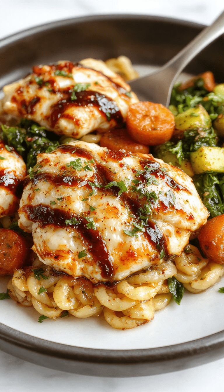 Colorful plate of balsamic chicken orzo with vibrant roasted vegetables, garnished with fresh herbs, served on a rustic white plate featuring a glossy balsamic glaze, with a backdrop of chopped vegetables and herbs.
