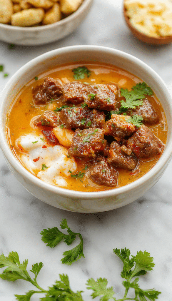 A vibrant bowl of beef coconut curry featuring tender beef chunks immersed in a rich, creamy coconut sauce, garnished with fresh cilantro, accompanied by a side of fluffy rice, all presented on a rustic wooden table with a colorful, inviting background.