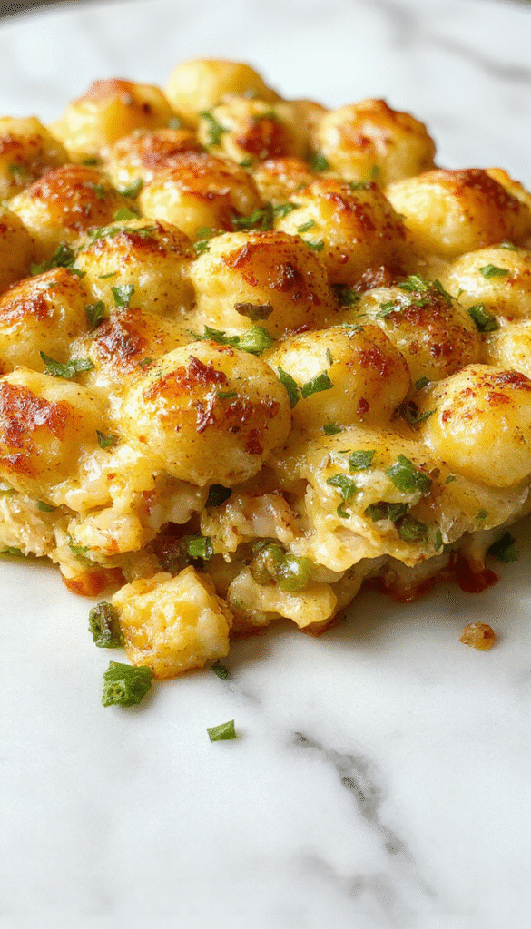 A vibrant plate featuring a golden brown tater tot casserole topped with melted cheese and fresh chopped herbs, served in a rustic dish on a wooden table with colorful side salads and a fork ready to dig in.