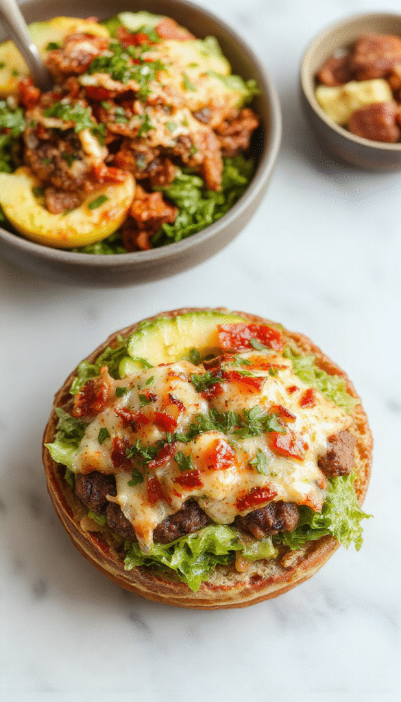 Colorful burger bowls arranged neatly on a white plate featuring layers of fresh lettuce, diced tomatoes, sliced cheese, grilled ground beef, and crunchy toppings, all garnished with herbs, vibrant colors, and a drizzle of sauce, styled simply for a homemade yet appetizing look.