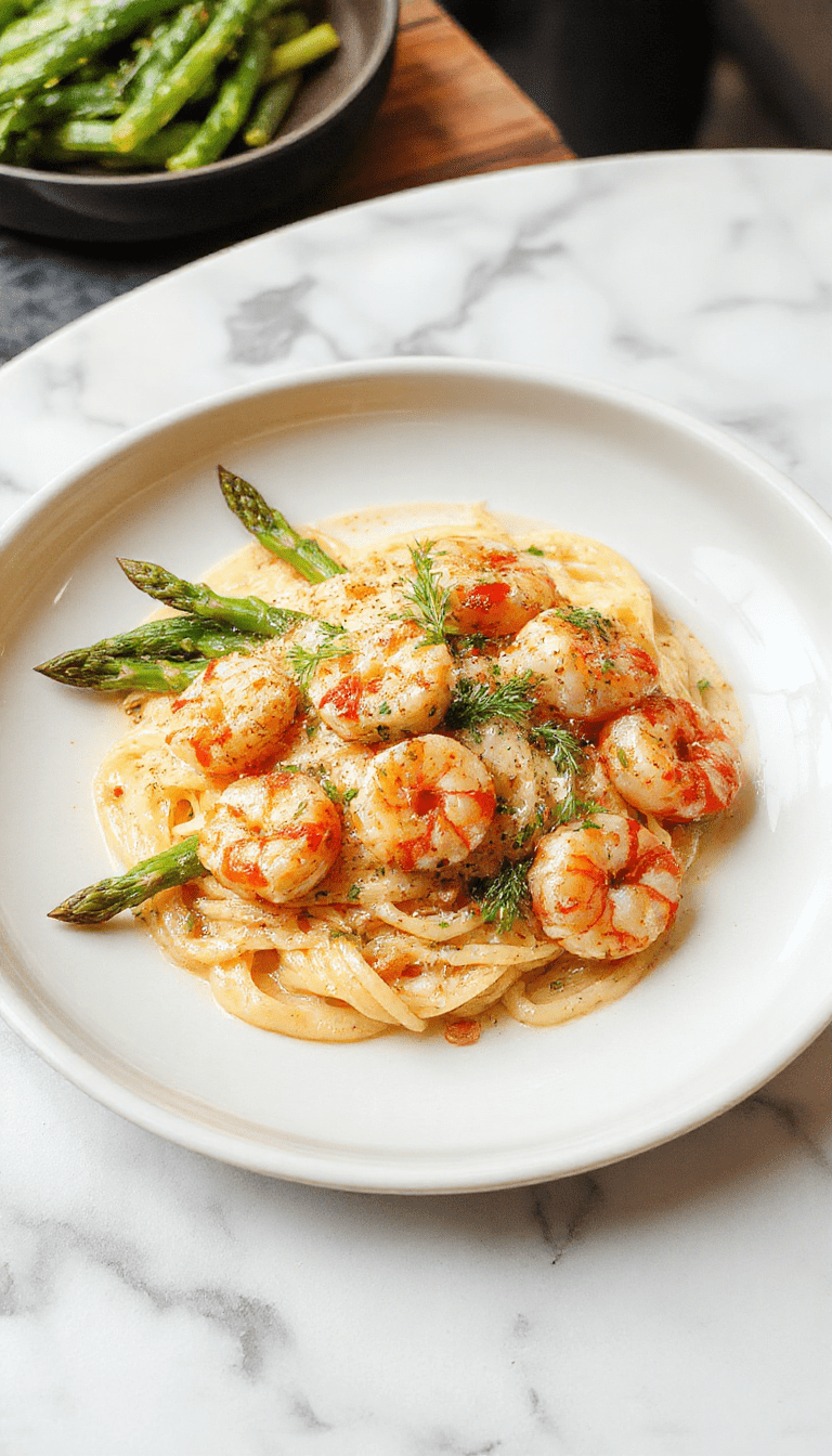 A vibrant plate featuring tender green asparagus spears and succulent shrimp arranged atop thin, golden angel hair pasta. The dish is garnished with fresh herbs and a light drizzle of olive oil, with a backdrop of rustic wooden table and colorful ingredients conveying freshness and elegance.