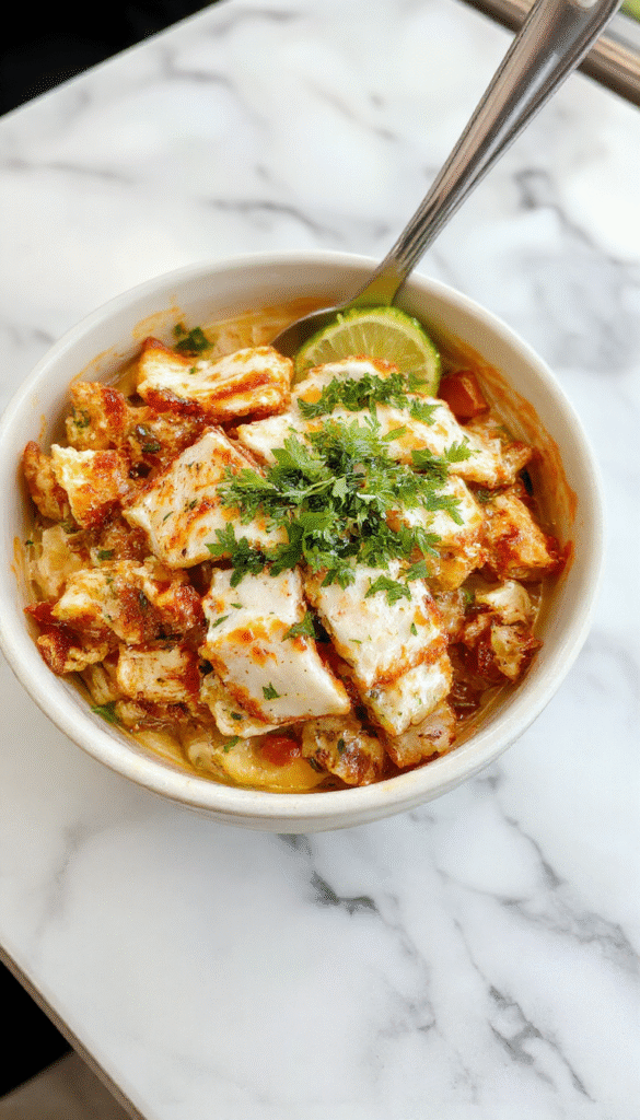 A colorful chicken burrito bowl featuring grilled chicken pieces on a bed of fluffy rice, topped with black beans, fresh salsa, shredded cheese, and garnished with cilantro and lime wedges, styled on a rustic wooden table with a vibrant and appetizing presentation.