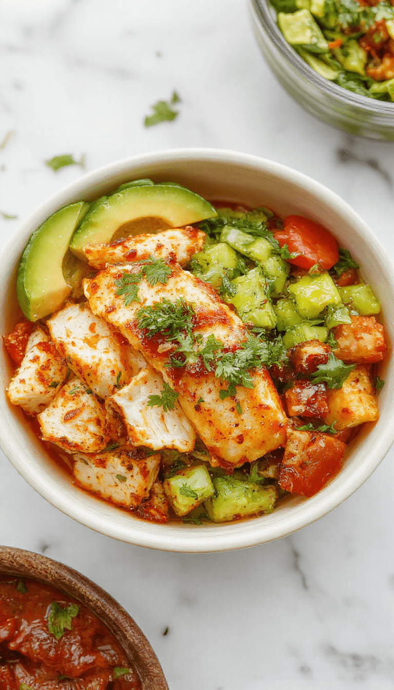 A vibrant chicken burrito bowl featuring grilled chicken strips on a bed of colorful shredded lettuce, diced tomatoes, creamy guacamole, shredded cheese, and a drizzle of sour cream, all arranged in a stylish white bowl. The dish is garnished with fresh cilantro and lime wedges, with a rustic wooden background highlighting the fresh ingredients and textures.