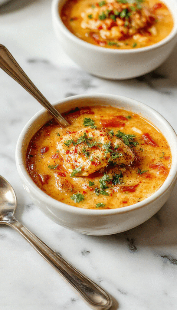 A vibrant bowl of Chile Relleno Soup featuring a rich red broth with chunks of roasted poblano peppers, melted cheese, and fresh cilantro garnishing the top. The soup is served in a rustic white bowl on a wooden table, with a side of crusty bread and a lime wedge. The textures appear creamy with bits of cheese melting and a hearty, flavorful presentation that invites comfort and warmth.