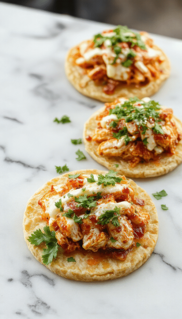 Colorful plate of crispy tostadas topped with shredded rotisserie chicken, vibrant diced tomatoes, fresh cilantro, slices of avocado, and a drizzle of sour cream, styled on a rustic wooden table with added lime wedges and a sprinkle of cheese for a vibrant, appetizing presentation.