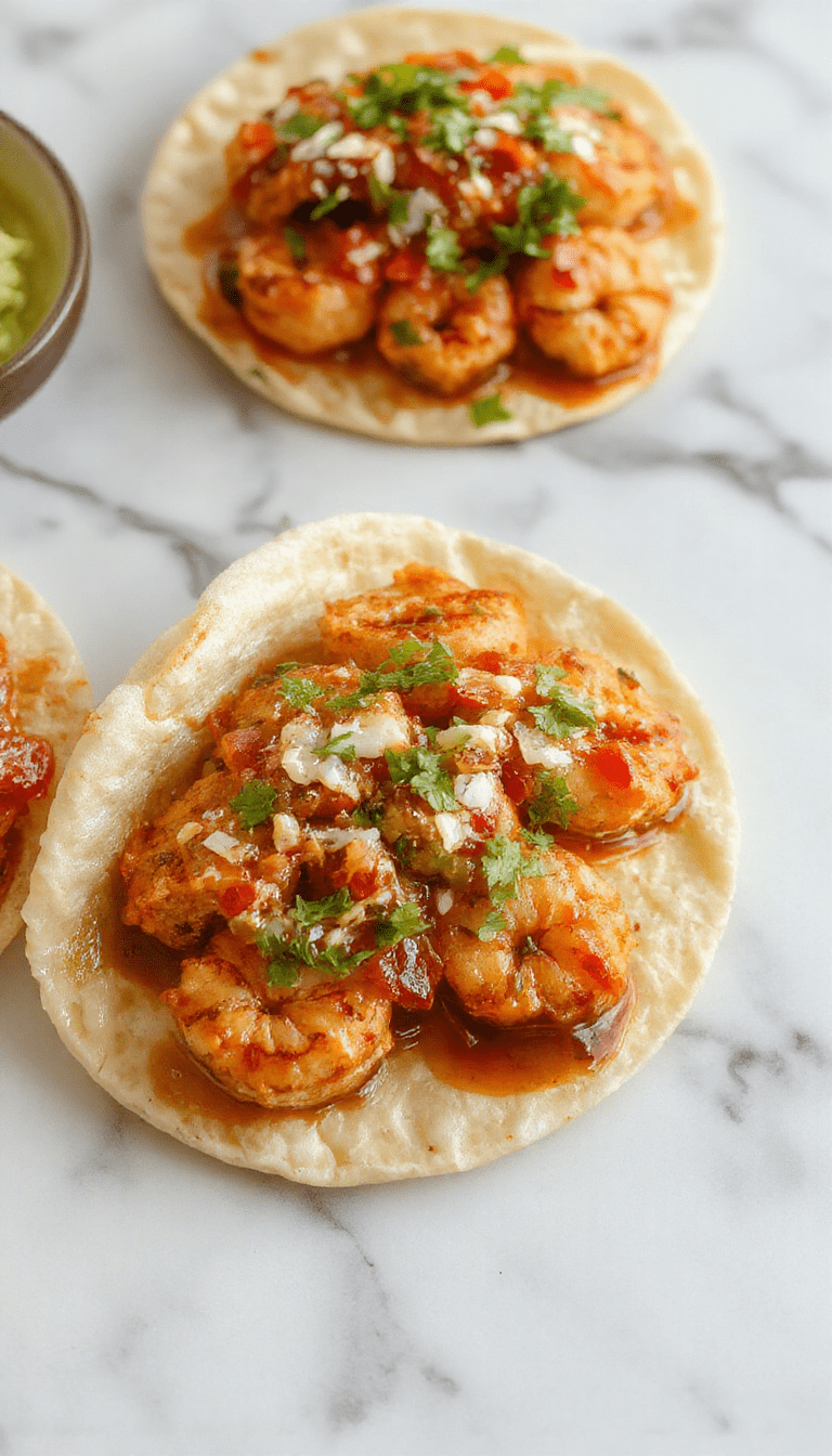 Colorful shrimp tacos on a white plate with crispy corn tortillas topped with shredded lettuce, diced tomatoes, sliced radishes, and a drizzle of creamy sauce. The dish features vibrant pink shrimp, fresh green herbs, and bright red salsa, all styled with a rustic wooden background and a lime wedge for garnish.