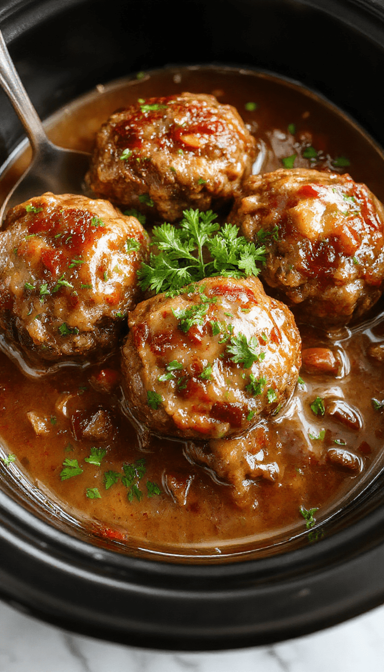 A close-up of golden-brown Salisbury steak meatballs arranged on a white plate, topped with thick, savory gravy. The plate sits on a rustic wooden table, garnished with fresh parsley, with the gravy glistening and bubbling, showcasing the tender texture of the meatballs and rich sauce.