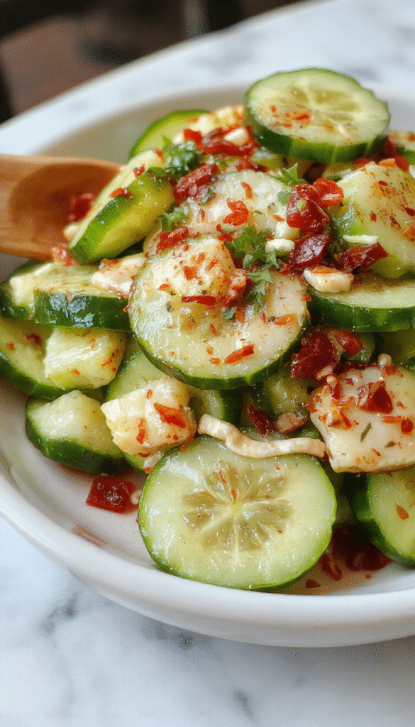 Vibrant Asian cucumber salad on a white plate with thinly sliced crisp cucumbers, garnished with sesame seeds and chopped fresh herbs. The colorful salad features a tangy dressing with visible chili flakes and sesame oil, styled with a modern minimalist background to highlight fresh textures and bright colors.
