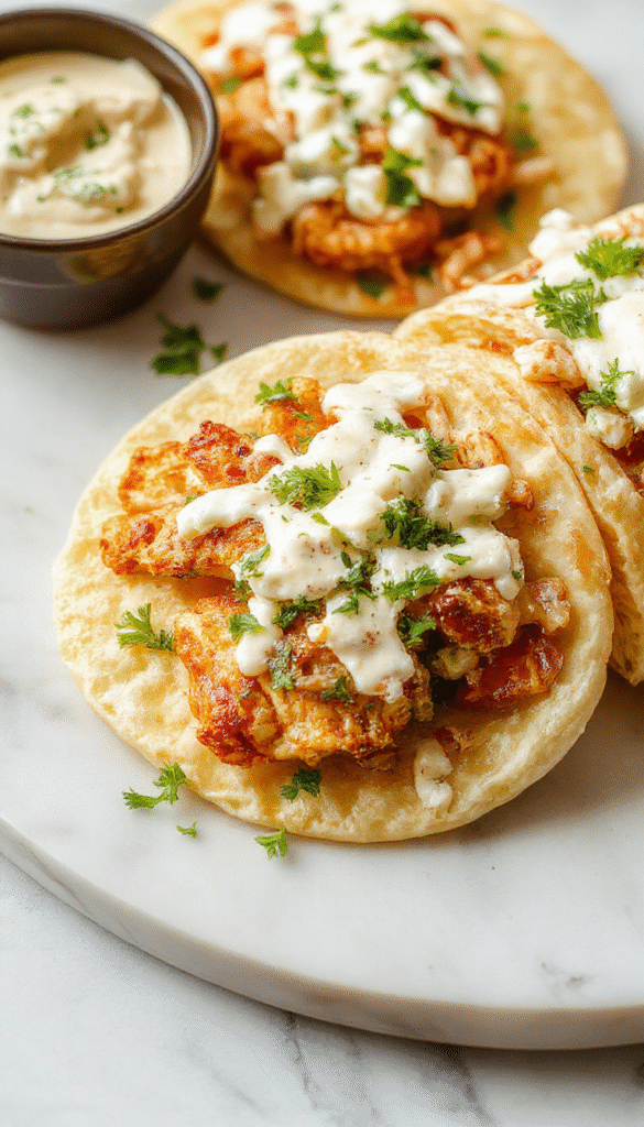 Colorful plate featuring golden-brown sheet pan chicken nestled inside soft pita bread, topped with vibrant green herb ranch slaw, with fresh herbs and creamy dressing visible, styled with a rustic wooden background.