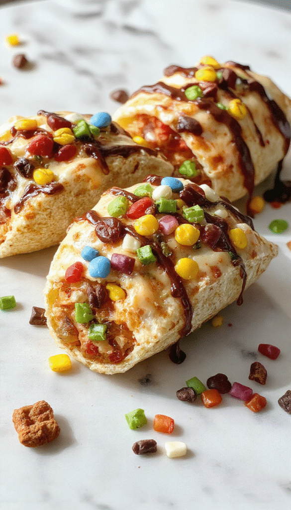 Colorful dessert tacos filled with creamy cheesecake, topped with vibrant Fruity Pebbles cereal, garnished with fresh fruit slices, and served on a white plate with a playful, inviting presentation.