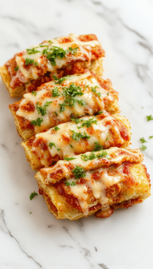 Colorful plate featuring golden-brown tortilla pizza rolls garnished with fresh herbs, sliced to reveal gooey cheese and toppings inside, styled on a vibrant table with a child-friendly setting.