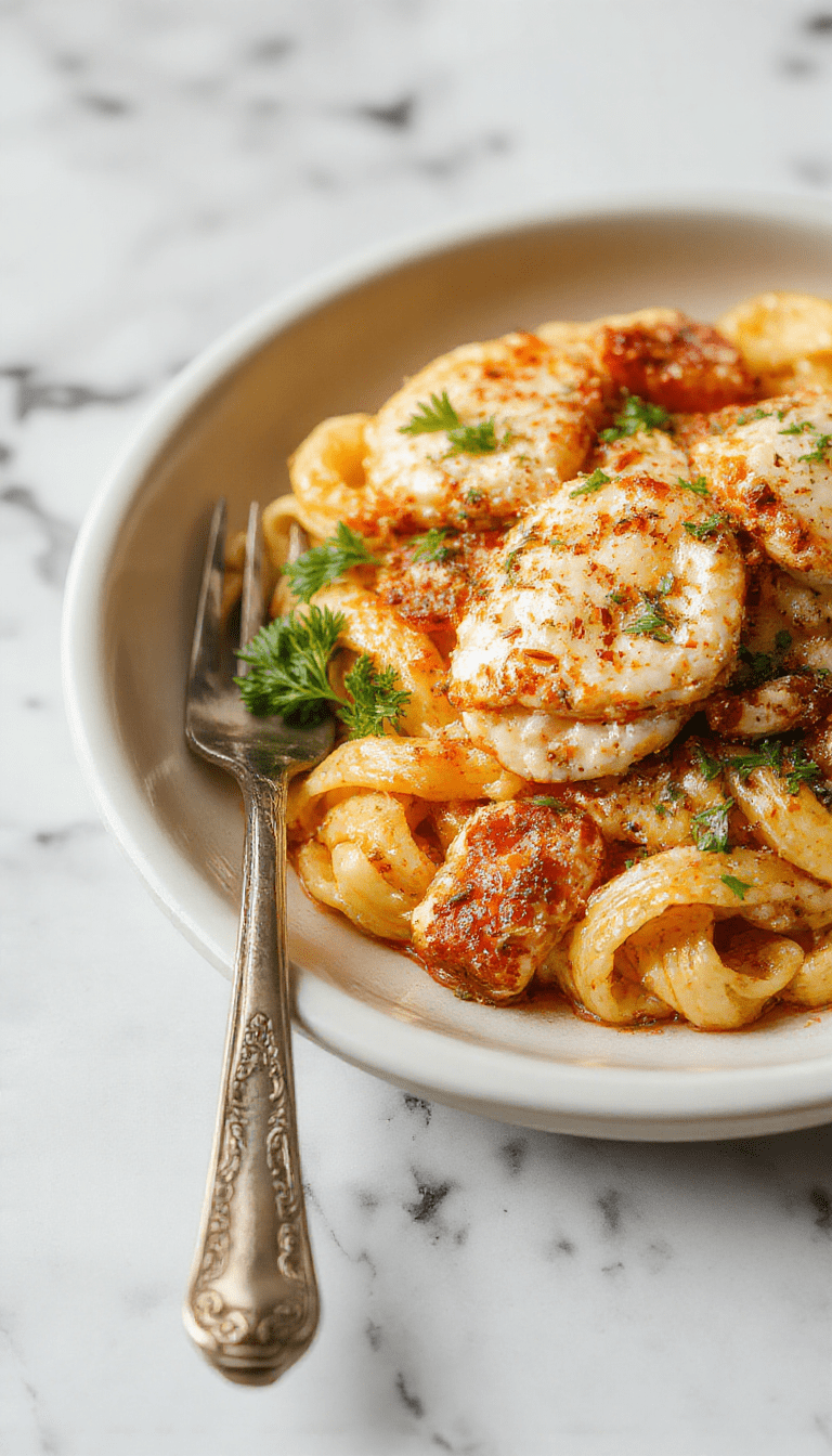 A vibrant dish featuring golden grilled chicken slices atop creamy pasta coated with rich garlic butter, garnished with fresh parsley and sprinkled with grated Parmesan, presented on a rustic white plate with a fork resting beside, set against a warm, inviting kitchen backdrop with a drizzle of extra garlic butter drizzle.