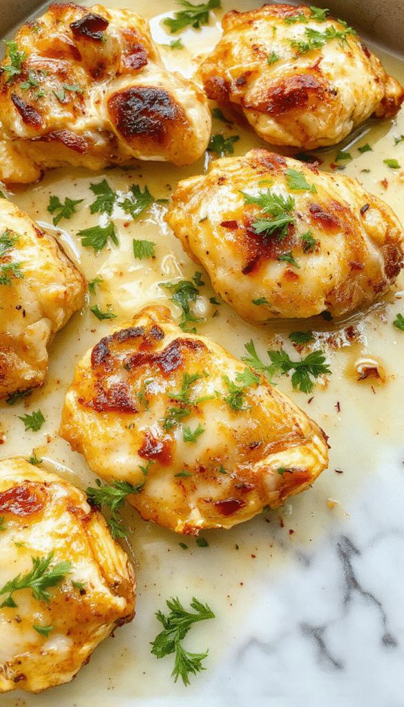 Colorful sheet pan garlic butter chicken and vegetables arranged on a rustic wooden surface. The golden-brown chicken breasts glisten with garlic butter, garnished with fresh herbs. Bright red cherry tomatoes, vibrant green broccoli florets, and sweet caramelized carrots add visual contrast and fresh appeal. The dish exudes warmth and inviting comfort, perfect for a family meal presentation.