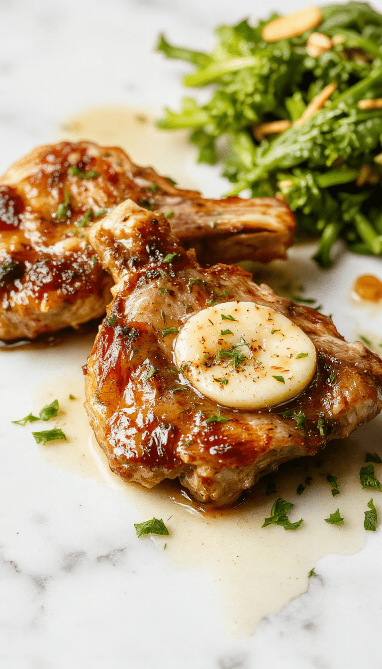 Golden-brown garlic butter pork chops seared in a hot skillet with a glossy glaze, garnished with fresh herbs, served on a white plate with a rustic wooden background.