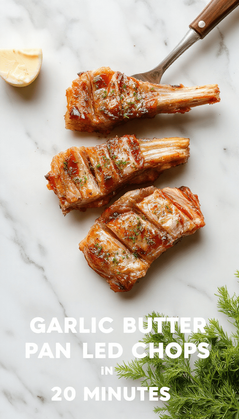 Golden-brown garlic butter pan seared pork chops arranged on a white plate, topped with fresh parsley, highlighting crispy edges and juicy interior, with a drizzle of melted butter and garlic slices, styled on a rustic wooden surface with complementary herbs and lemon slices