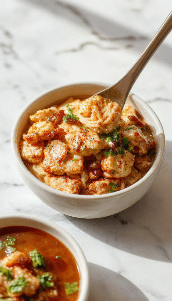 A vibrant plate of sticky garlic chicken noodles featuring tender chicken pieces coated in glossy garlic sauce, served over perfectly cooked al dente noodles. The dish is garnished with chopped green onions and sesame seeds, with a side of colorful vegetables and a sprinkle of fresh herbs. The presentation is appealing, showcasing a balance of textures and flavors in a modern, stylish setting.
