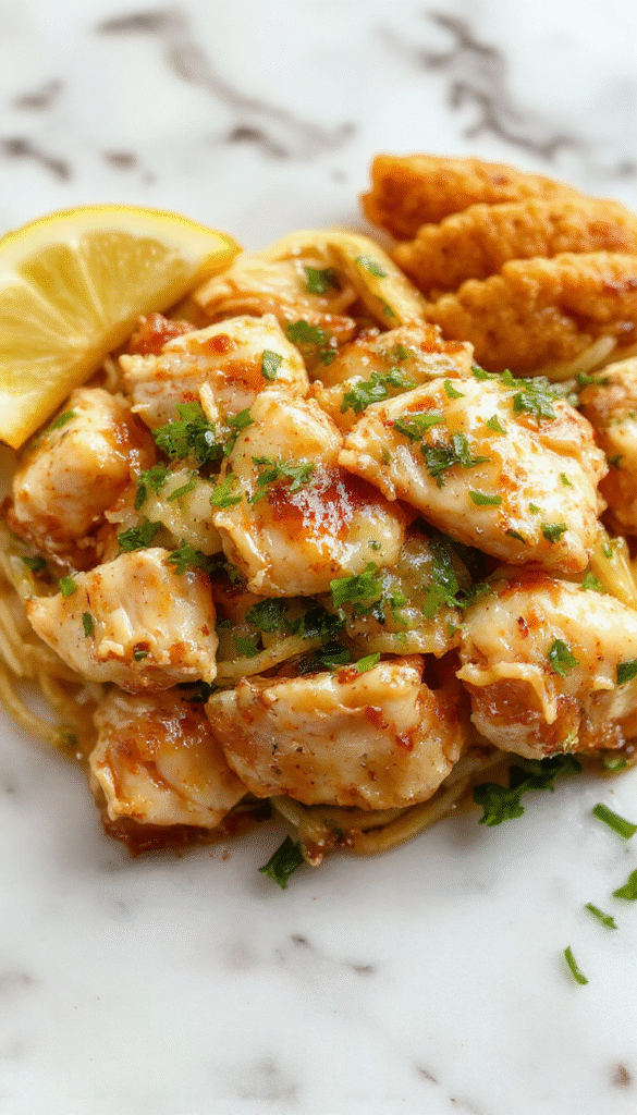A vibrant plate of garlic chicken noodles featuring tender sliced chicken coated in a glossy garlic sauce, intertwined with perfectly cooked, slightly caramelized noodles topped with chopped green onions and sesame seeds, served on a white ceramic plate with a rustic wooden background.