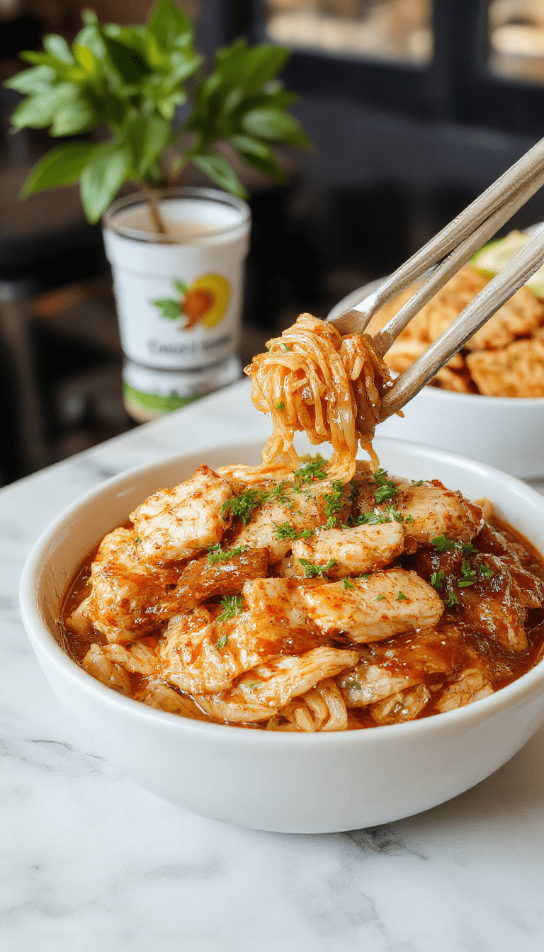 A vibrant plate of garlic chicken noodles topped with chopped green onions and sesame seeds. The noodles are glossy with a sticky garlic sauce, complemented by tender chicken pieces, colorful vegetables, and garnished beautifully on a rustic white plate.