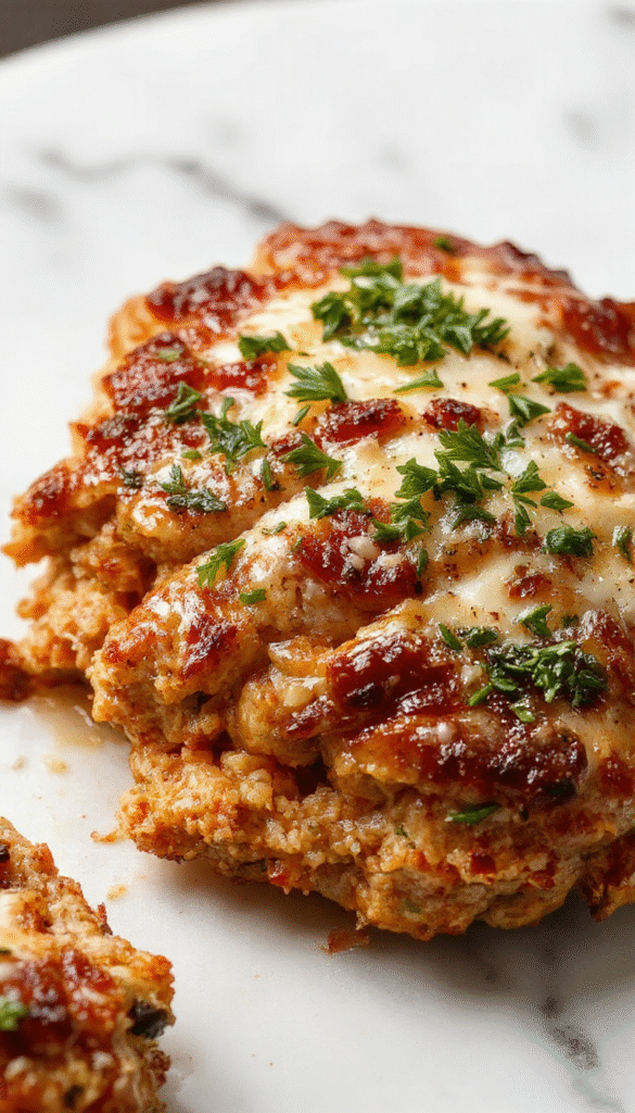 A perfectly cooked chicken meatloaf sliced to reveal a moist, tender interior with a golden-brown crust topped with melted cheese, garlic, and herbs. The plate is garnished with fresh parsley and served alongside a colorful vegetable medley, creating an inviting and hearty presentation.
