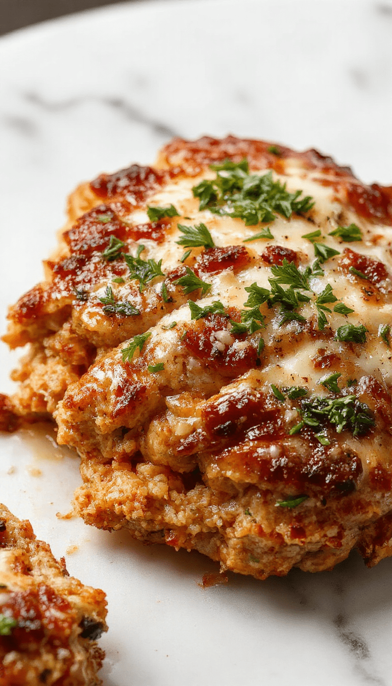 A perfectly cooked chicken meatloaf sliced to reveal a moist, tender interior with a golden-brown crust topped with melted cheese, garlic, and herbs. The plate is garnished with fresh parsley and served alongside a colorful vegetable medley, creating an inviting and hearty presentation.
