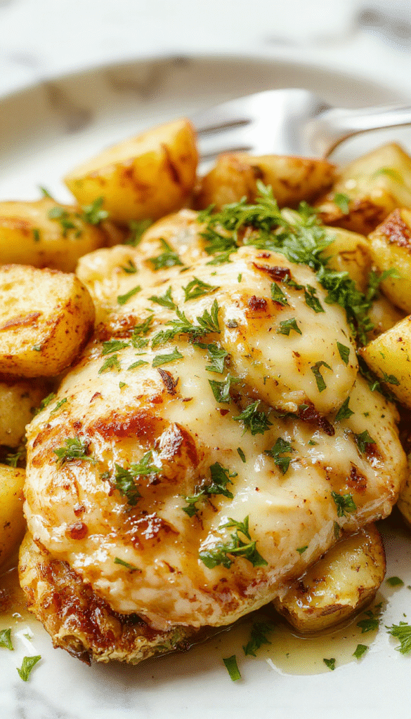 A vibrant plate featuring crispy roasted chicken thighs coated with golden garlic and parmesan crust, accompanied by crispy roasted baby potatoes sprinkled with fresh herbs, all presented on a rustic white plate with a garnish of parsley, set on a wooden table with a soft rustic background, highlighting textures and flavors.
