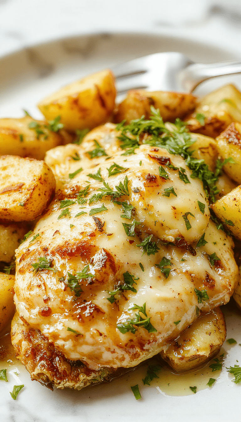 A vibrant plate featuring crispy roasted chicken thighs coated with golden garlic and parmesan crust, accompanied by crispy roasted baby potatoes sprinkled with fresh herbs, all presented on a rustic white plate with a garnish of parsley, set on a wooden table with a soft rustic background, highlighting textures and flavors.