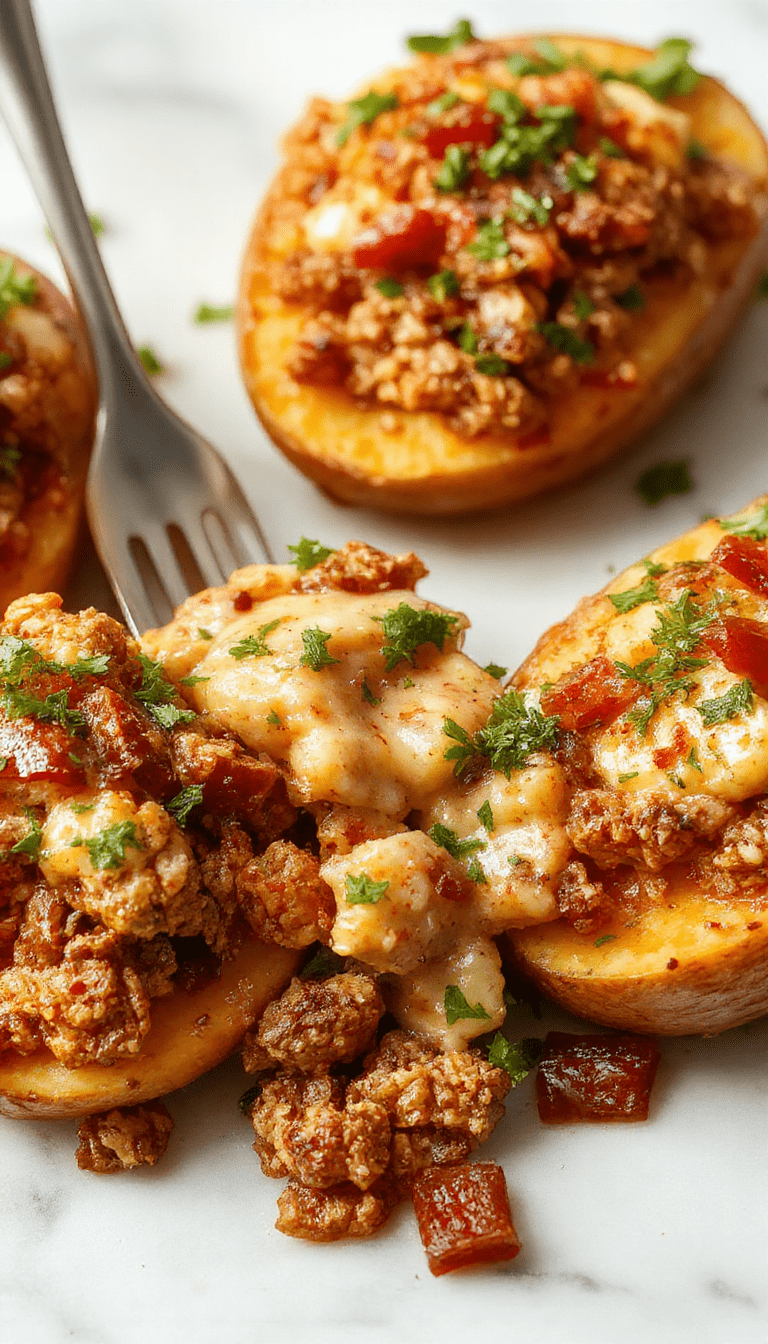 A colorful baked dish featuring golden roasted sweet potato chunks topped with cooked ground turkey, garnished with fresh herbs and vibrant vegetables, served in a rustic white dish on a wooden table with a sprinkle of herbs on top, showcasing a hearty and appetizing appearance with crispy edges and tender interior