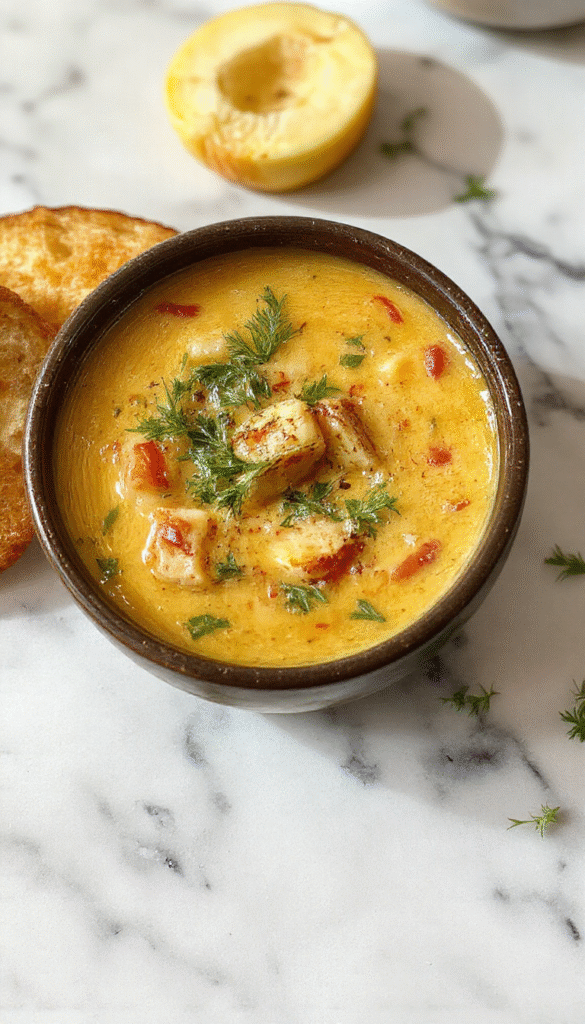 A steaming bowl of Italian Penicillin Soup with a rich, golden broth topped with fresh herbs, grated cheese, and slices of tender chicken, served in a rustic white bowl on a wooden table with crusty bread on the side and fresh parsley garnish, vibrant colors and textures highlighting the warm, comforting dish
