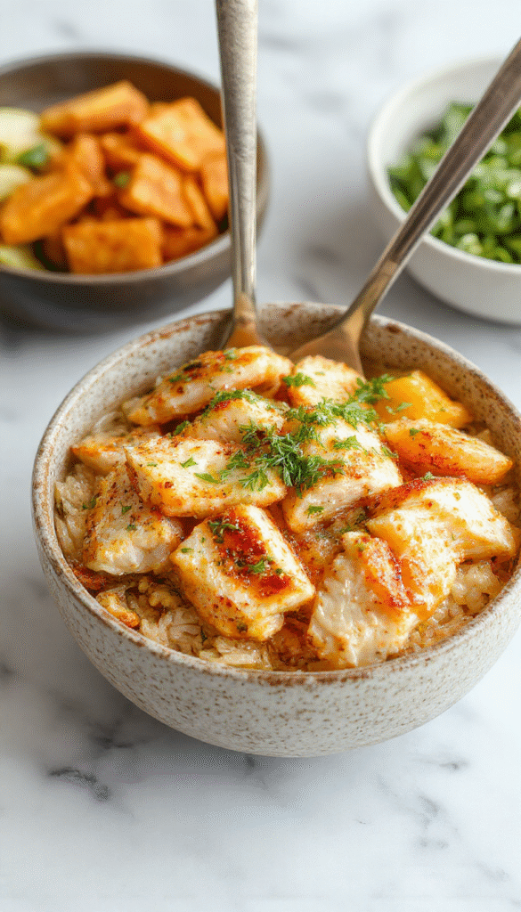 Colorful healthy chicken and sweet potato rice bowl featuring grilled chicken slices, roasted sweet potatoes, fresh greens, and a drizzle of sauce on a white plate, with vibrant ingredients and textured toppings.