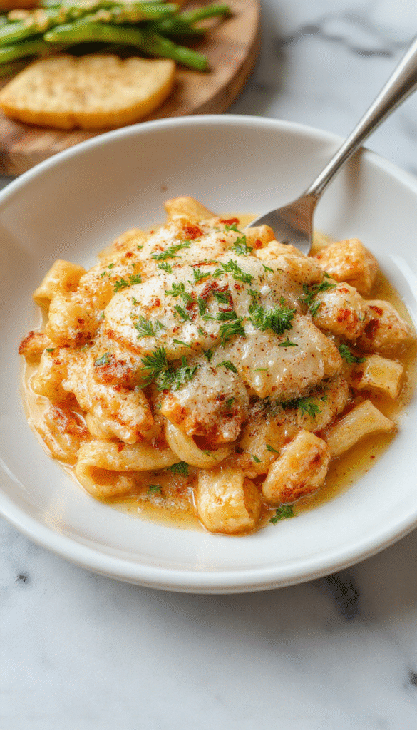 A vibrant plate of garlic parmesan chicken pasta featuring tender sliced chicken breasts coated in creamy Parmesan sauce, garnished with chopped parsley and toasted breadcrumbs, served on a white ceramic dish with a side of fresh greens, all styled on a rustic wooden table with a golden hue and natural lighting highlighting the textures and colors.