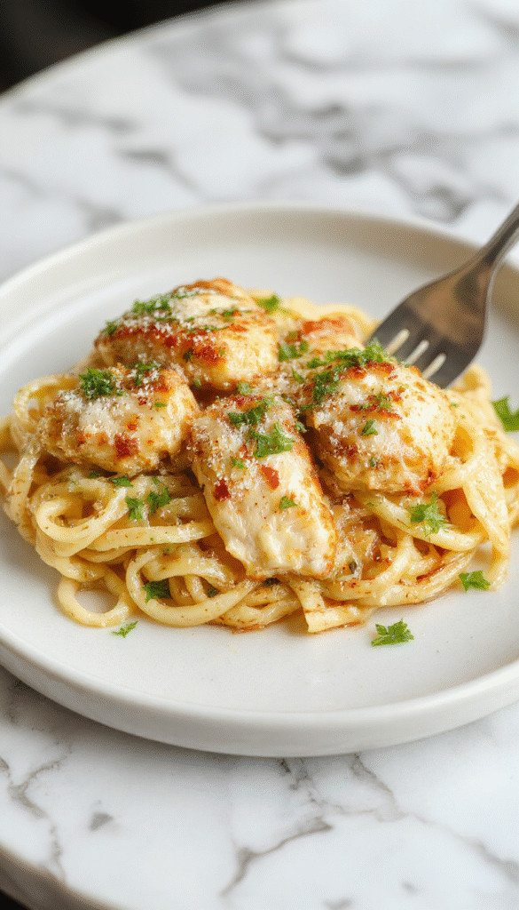 A vibrant plate of garlic parmesan chicken pasta featuring tender pasta coated in creamy garlic sauce, topped with crispy chicken pieces and sprinkled with fresh parsley and grated parmesan, presented on a white ceramic plate with a rustic wooden background, showcasing textures of creamy sauce, golden chicken, and fresh herbs