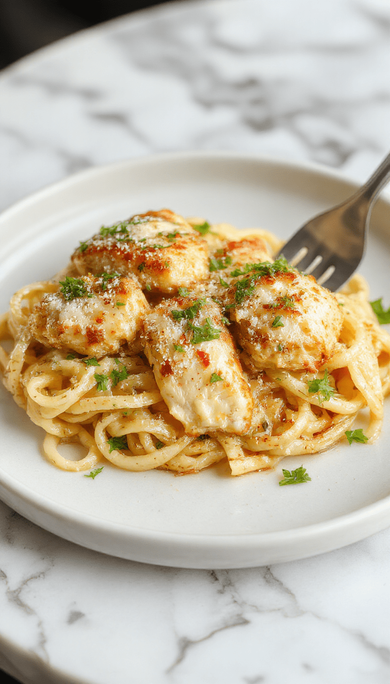 A vibrant plate of garlic parmesan chicken pasta featuring tender pasta coated in creamy garlic sauce, topped with crispy chicken pieces and sprinkled with fresh parsley and grated parmesan, presented on a white ceramic plate with a rustic wooden background, showcasing textures of creamy sauce, golden chicken, and fresh herbs