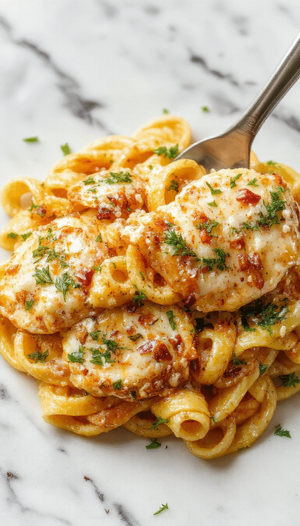 Colorful plate of creamy garlic Parmesan chicken pasta with golden-brown grilled chicken slices, sprinkled with chopped parsley and grated Parmesan on a white ceramic plate, set on a rustic wooden table with a sprig of fresh herbs and a fork. The pasta is coated in a rich, cheesy sauce with visible garlic bits, creating an inviting and appetizing scene.