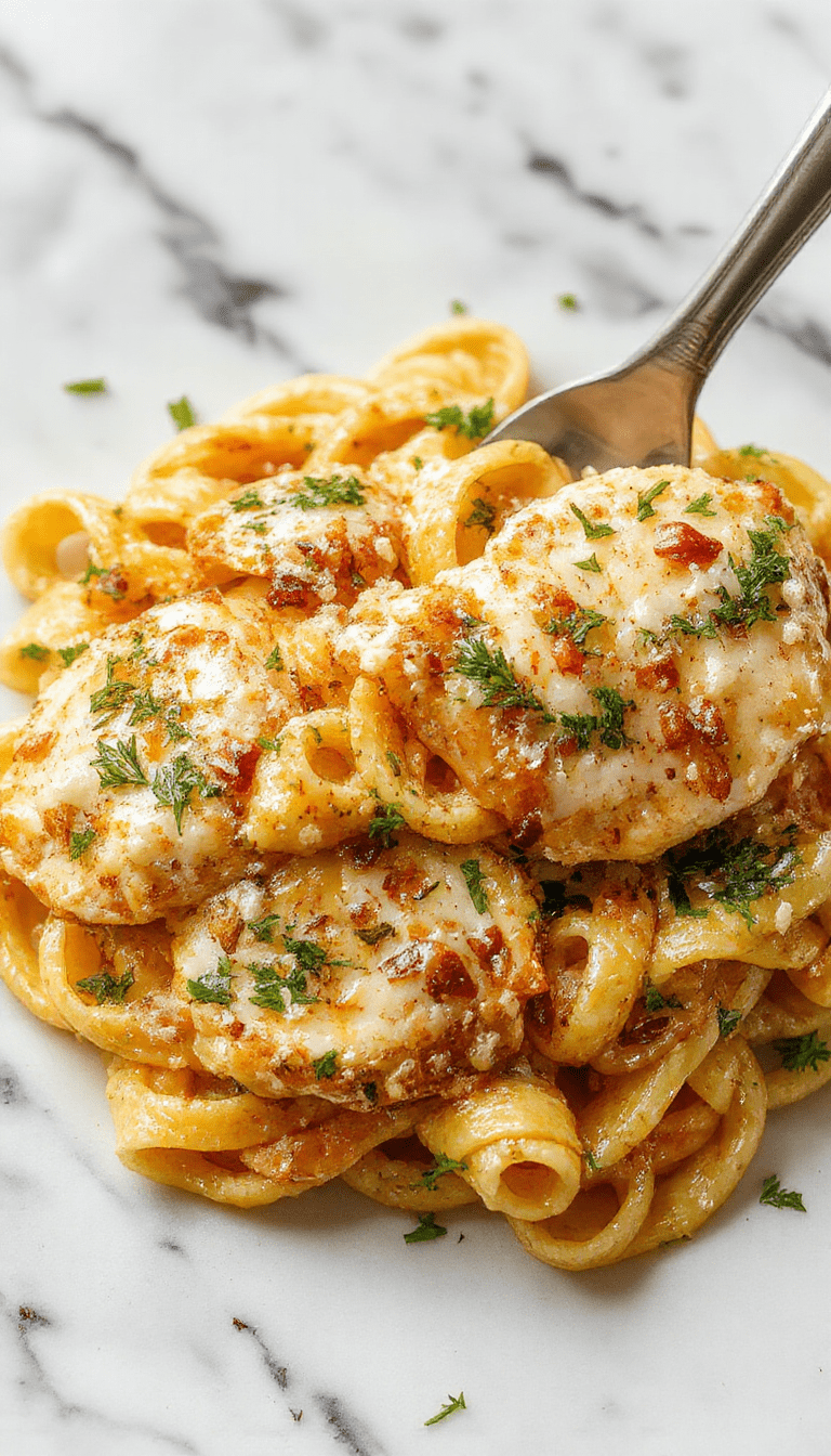 Colorful plate of creamy garlic Parmesan chicken pasta with golden-brown grilled chicken slices, sprinkled with chopped parsley and grated Parmesan on a white ceramic plate, set on a rustic wooden table with a sprig of fresh herbs and a fork. The pasta is coated in a rich, cheesy sauce with visible garlic bits, creating an inviting and appetizing scene.