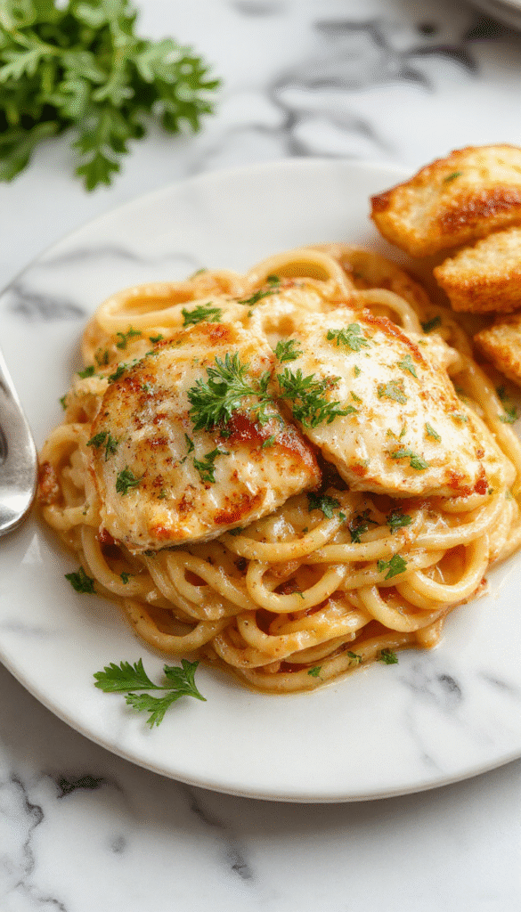 A vibrant plate featuring perfectly cooked spaghetti coated in a creamy garlic parmesan sauce topped with crispy golden chicken pieces, garnished with fresh parsley, styled on a rustic wooden table with a light background highlighting the rich textures and vibrant colors.