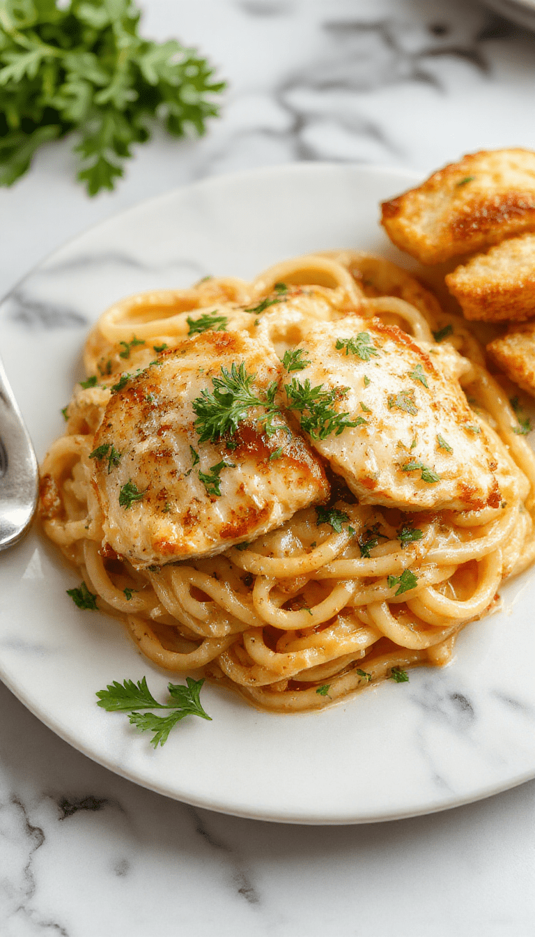 A vibrant plate featuring perfectly cooked spaghetti coated in a creamy garlic parmesan sauce topped with crispy golden chicken pieces, garnished with fresh parsley, styled on a rustic wooden table with a light background highlighting the rich textures and vibrant colors.
