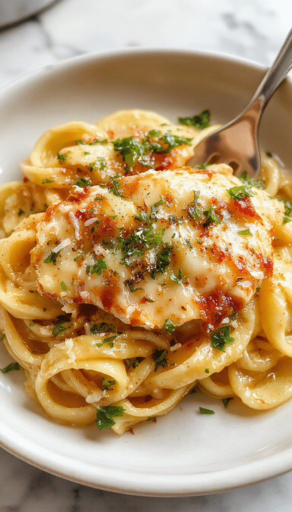 A vibrant plate of creamy garlic parmesan chicken pasta featuring tender sliced chicken breasts coated in a rich, cheesy sauce, garnished with chopped parsley and Parmesan cheese, served on a rustic white plate with a side of fresh greens and lemon wedges, highlighting warm golden tones and fresh green accents.