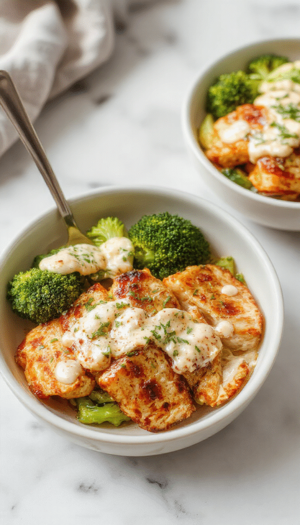 Colorful grilled chicken breast slices and vibrant broccoli florets arranged in a white bowl, drizzled with a creamy garlic sauce, garnished with fresh herbs, on a rustic wooden table with lemon wedges and garlic cloves, creating an appetizing and fresh presentation
