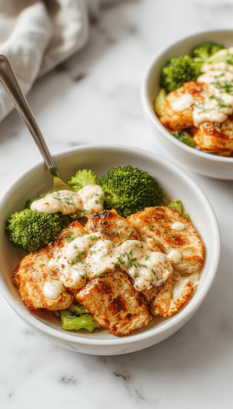 Colorful grilled chicken breast slices and vibrant broccoli florets arranged in a white bowl, drizzled with a creamy garlic sauce, garnished with fresh herbs, on a rustic wooden table with lemon wedges and garlic cloves, creating an appetizing and fresh presentation