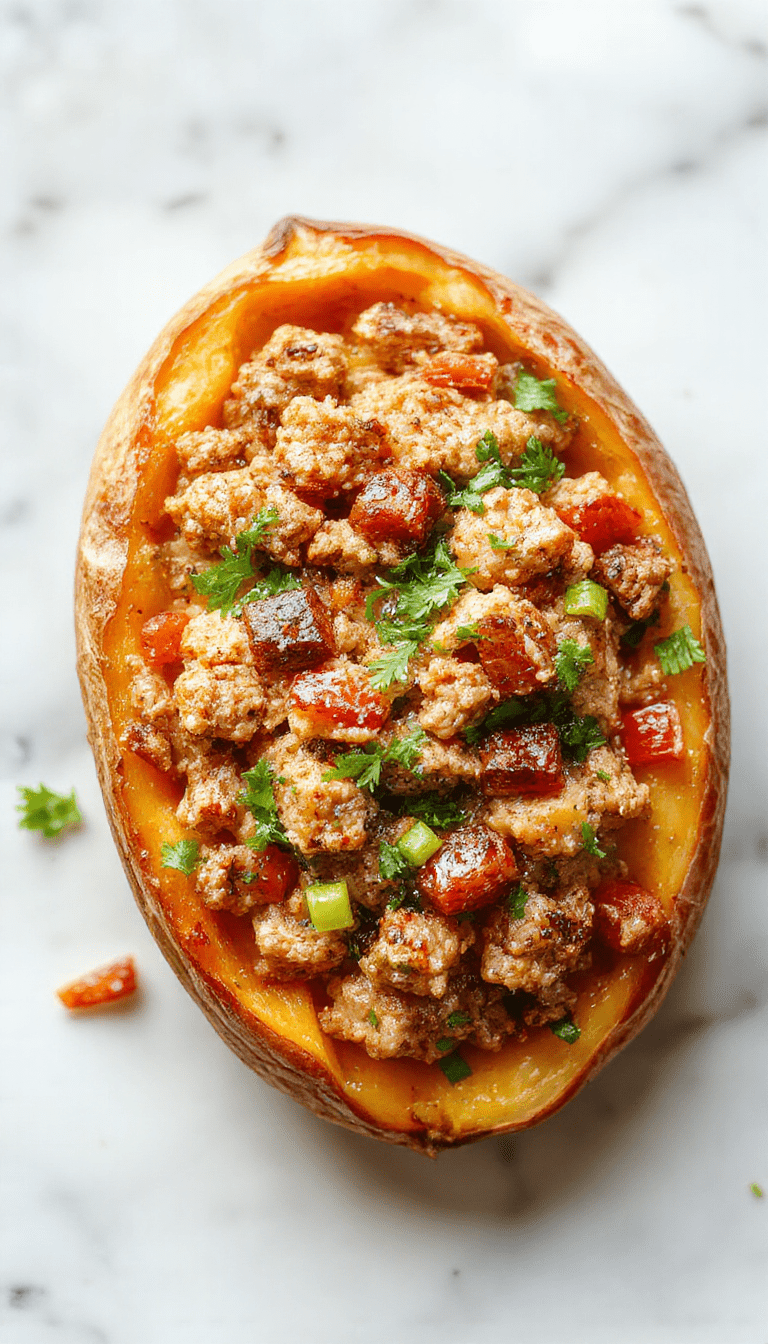 A vibrant dish featuring golden-brown baked sweet potato cubes topped with seasoned ground turkey, garnished with fresh herbs on a rustic white plate with a side of colorful vegetables, showcasing a warm, inviting, and hearty meal with crispy edges and tender interiors.