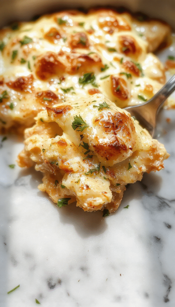 A colorful chicken casserole served in a white ceramic dish featuring layers of shredded chicken, melted cheese, and fresh herbs, garnished with chopped green onions and sliced cherry tomatoes, with a rustic wooden table background, emphasizing textures and vibrant colors