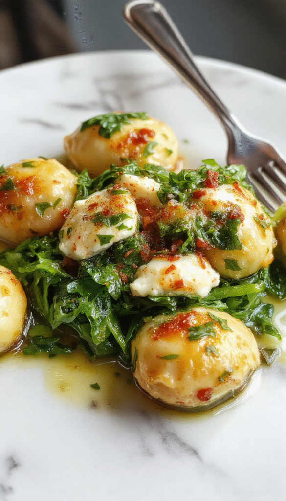 Colorful plated spinach and ricotta stuffed pasta shells featuring vibrant green spinach filling contrasted with creamy white ricotta and golden-brown baked shells, garnished with a sprinkle of fresh herbs on a rustic white plate with a blurred background of a cozy kitchen setting.