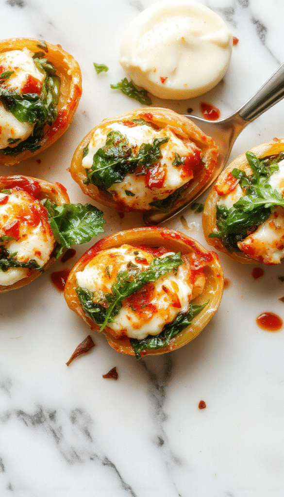 A vibrant plate of baked stuffed shells filled with creamy ricotta and fresh spinach, garnished with herbs, served on a white ceramic dish with a rustic backdrop, showcasing golden baked edges and a colorful, fresh appearance