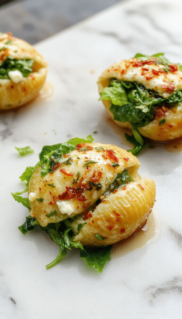 A vibrant plate of stuffed pasta shells filled with fresh spinach and creamy ricotta cheese, topped with melted cheese and garnished with herbs, colorful around a rustic wooden table.