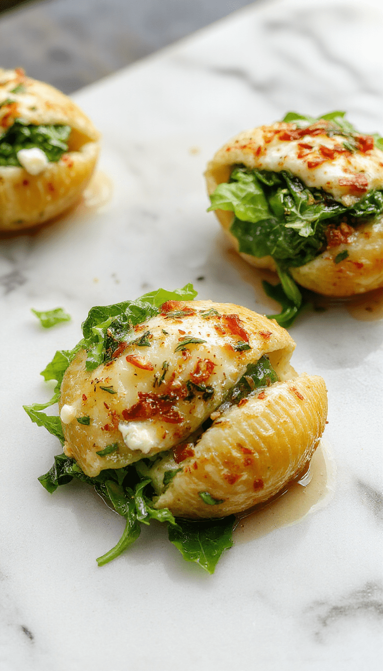 A vibrant plate of stuffed pasta shells filled with fresh spinach and creamy ricotta cheese, topped with melted cheese and garnished with herbs, colorful around a rustic wooden table.