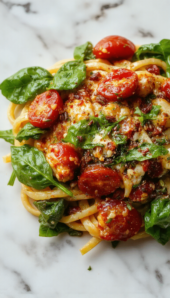 A vibrant plate of spinach and tomato pasta featuring wilted fresh spinach leaves, juicy cherry tomatoes, and al dente pasta, garnished with grated cheese and fresh basil, presented on a rustic wooden table with a drizzle of olive oil for a colorful and appetizing look.