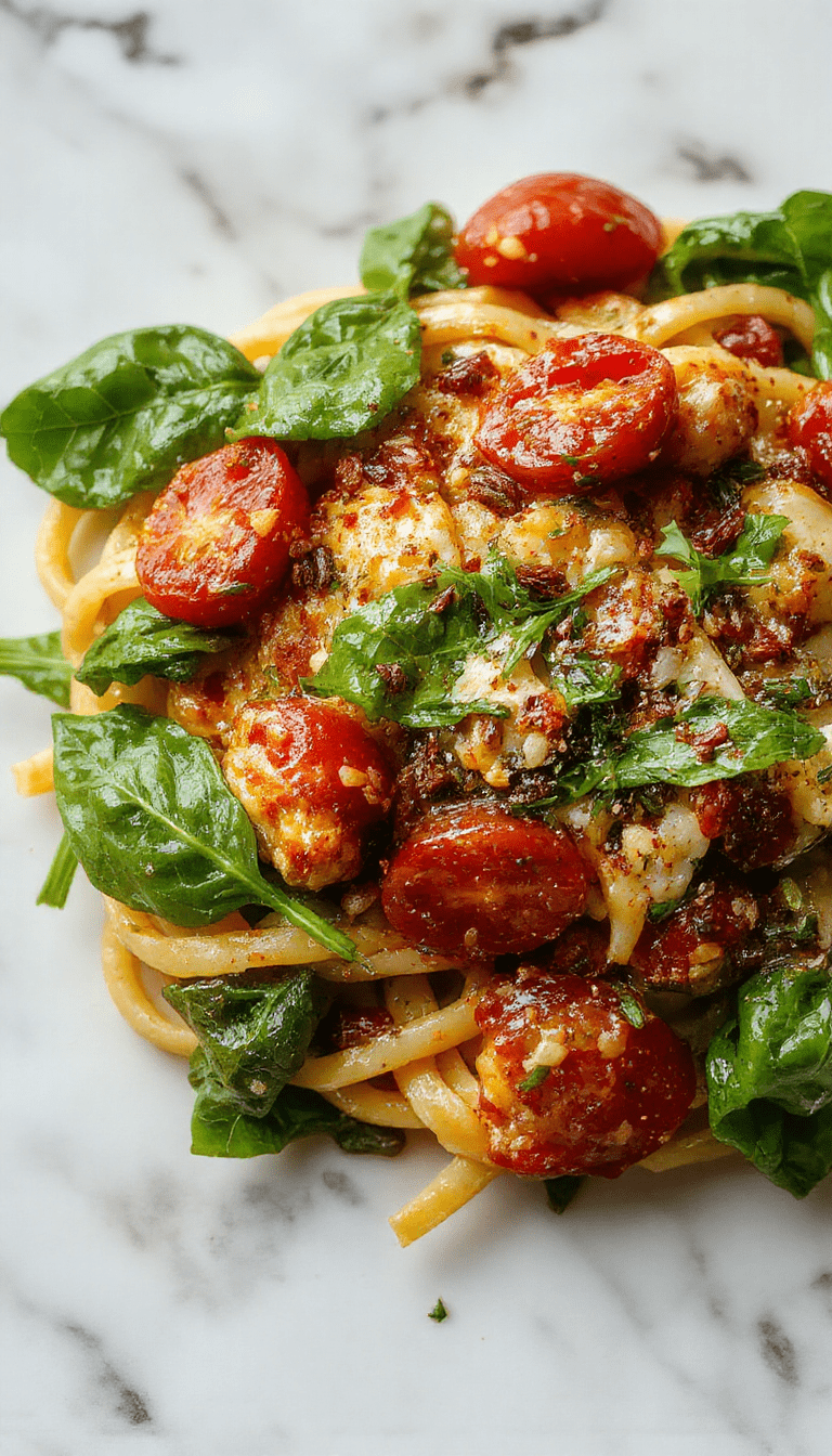 A vibrant plate of spinach and tomato pasta featuring wilted fresh spinach leaves, juicy cherry tomatoes, and al dente pasta, garnished with grated cheese and fresh basil, presented on a rustic wooden table with a drizzle of olive oil for a colorful and appetizing look.
